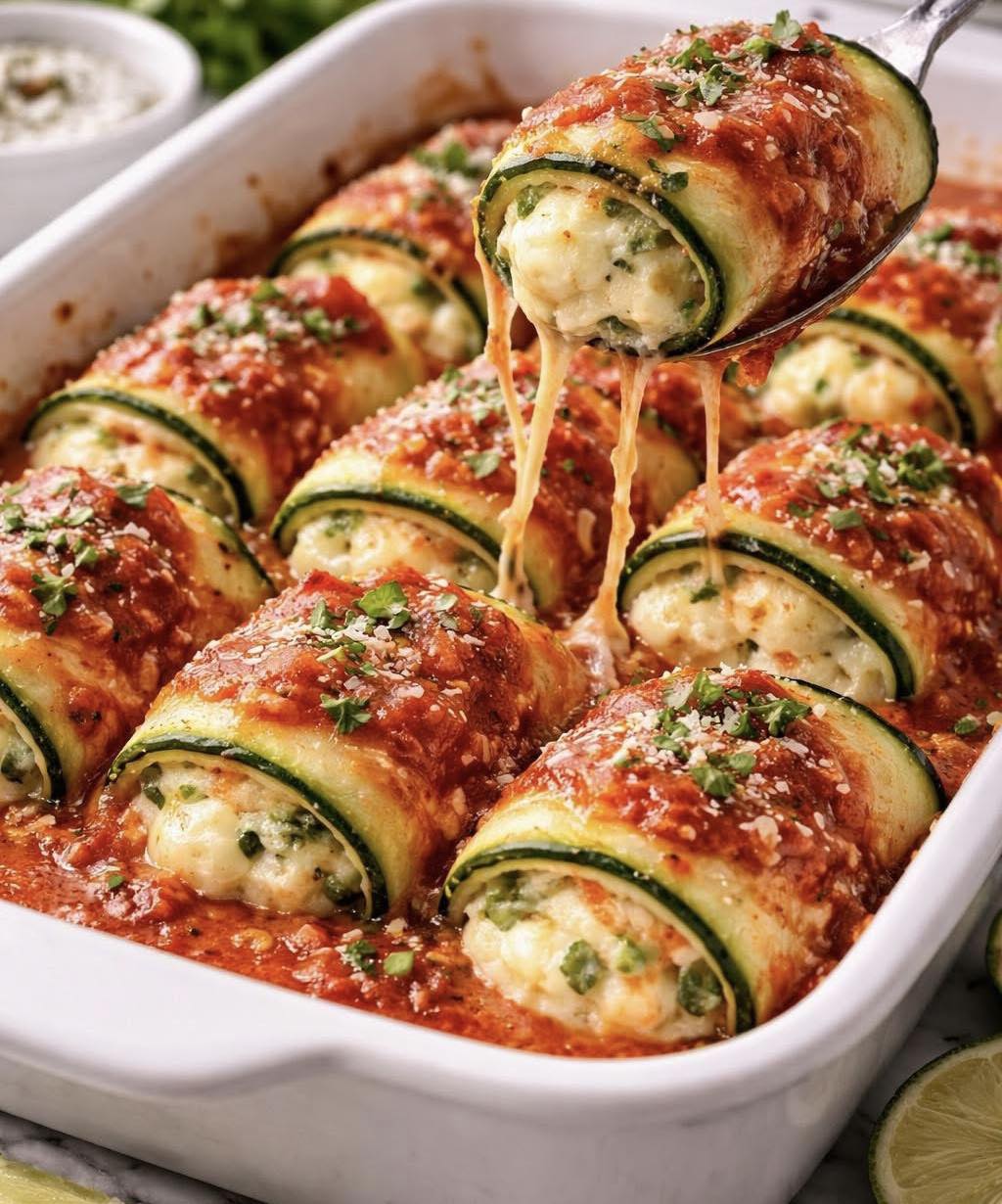 Enroladinho de Abobrinha recheado com Queijo ao Molho de Tomate