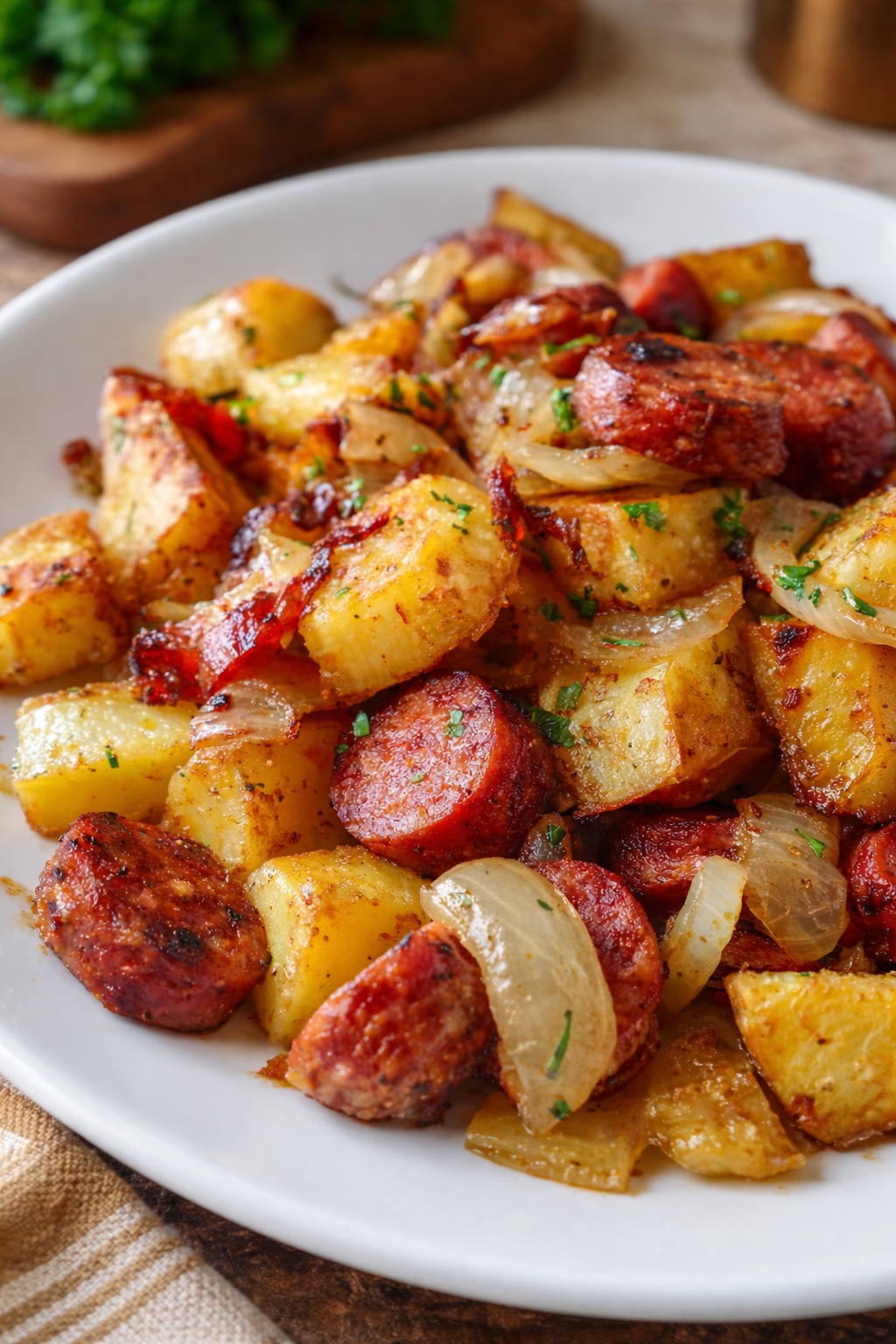 Batatas Douradas com Linguiça e Cebola Caramelizada