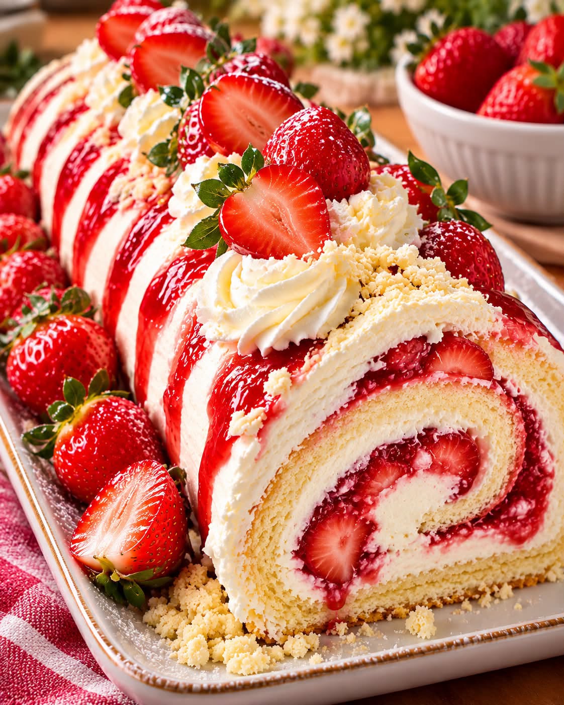 ROCAMBOLE DE MORANGO COM CREME