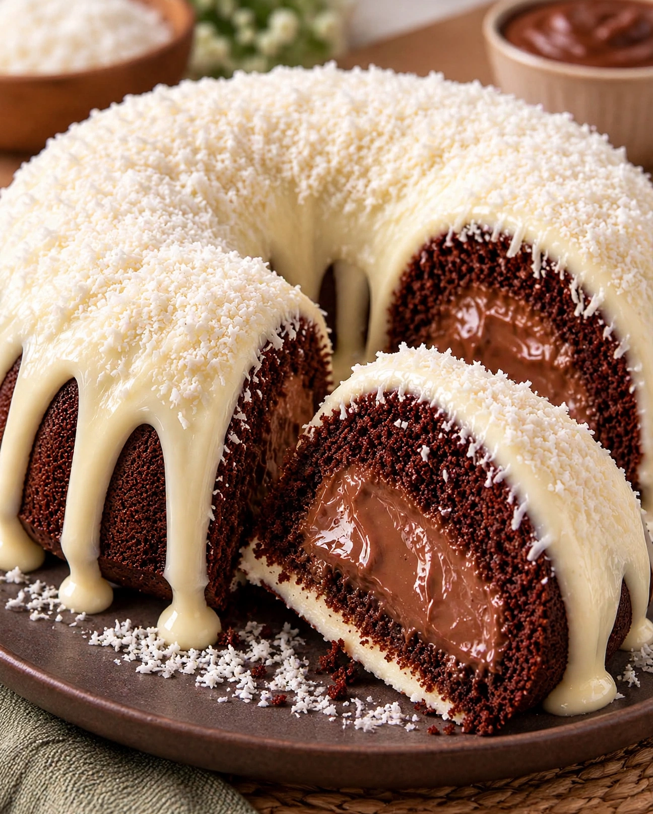 Bolo De chocolate Com Recheio Cremoso E Cobertura De Coco