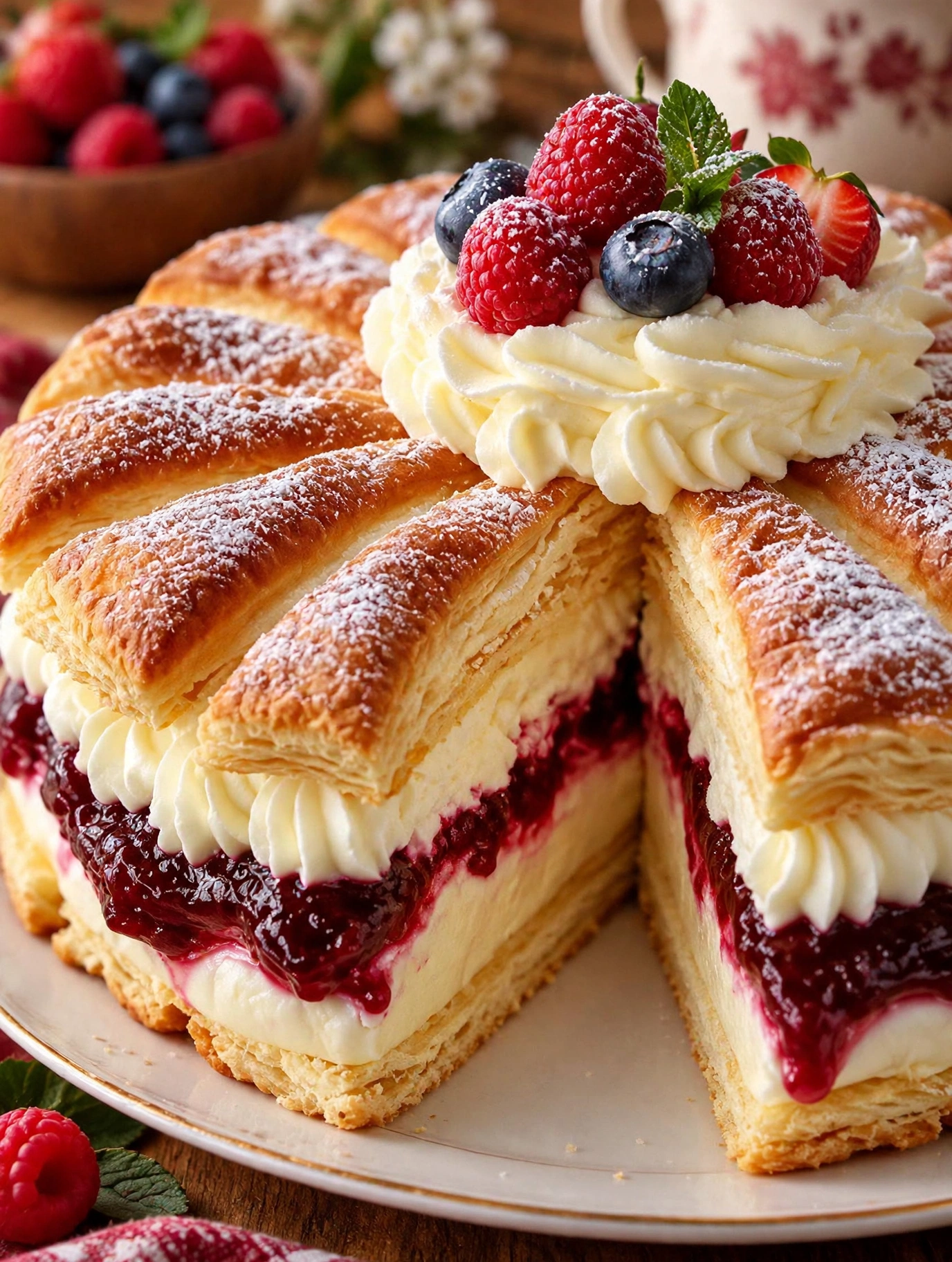 Torta folhada com creme ,chantilly e frutas vermelhas